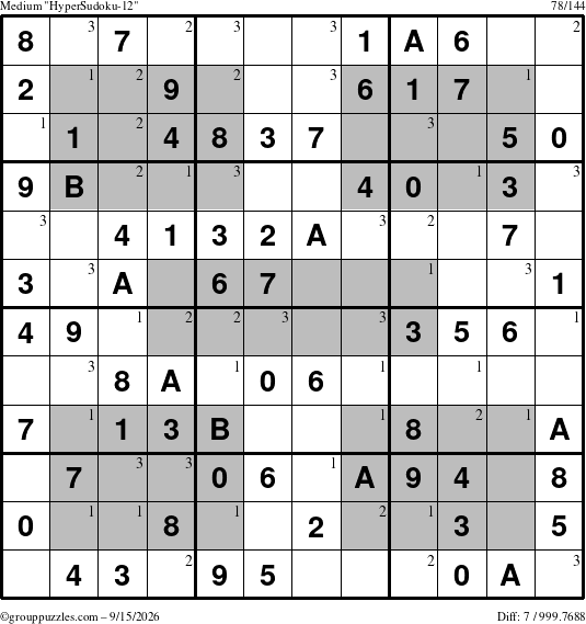 The grouppuzzles.com Medium HyperSudoku-12 puzzle for Tuesday September 15, 2026 with the first 3 steps marked