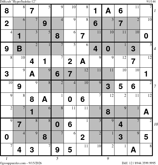 The grouppuzzles.com Difficult HyperSudoku-12 puzzle for Tuesday September 15, 2026 with all 12 steps marked