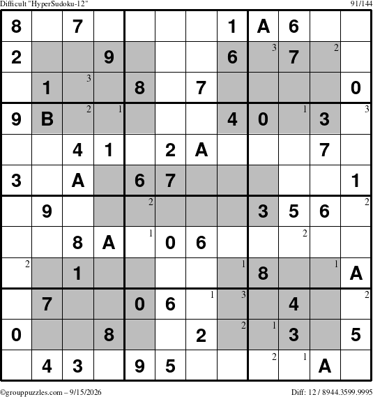 The grouppuzzles.com Difficult HyperSudoku-12 puzzle for Tuesday September 15, 2026 with the first 3 steps marked