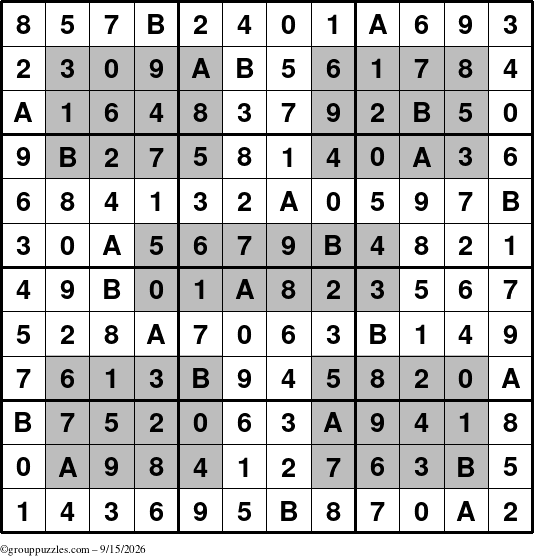 The grouppuzzles.com Answer grid for the HyperSudoku-12 puzzle for Tuesday September 15, 2026