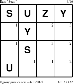 The grouppuzzles.com Easy Suzy puzzle for Sunday April 13, 2025 with the first 3 steps marked