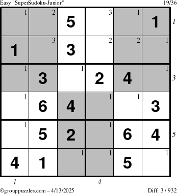 The grouppuzzles.com Easy SuperSudoku-Junior puzzle for Sunday April 13, 2025 with all 3 steps marked