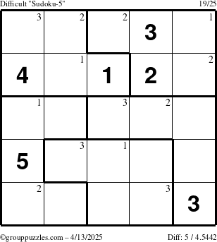 The grouppuzzles.com Difficult Sudoku-5 puzzle for Sunday April 13, 2025 with the first 3 steps marked