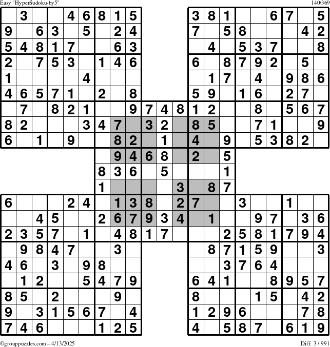 The grouppuzzles.com Easy HyperSudoku-by5 puzzle for Sunday April 13, 2025