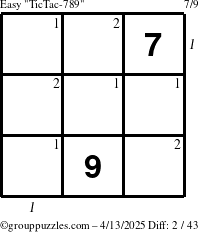 The grouppuzzles.com Easy TicTac-789 puzzle for Sunday April 13, 2025 with all 2 steps marked
