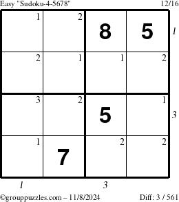 The grouppuzzles.com Easy Sudoku-4-5678 puzzle for Friday November 8, 2024, suitable for printing, with all 3 steps marked