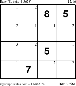 The grouppuzzles.com Easy Sudoku-4-5678 puzzle for Friday November 8, 2024 with the first 3 steps marked