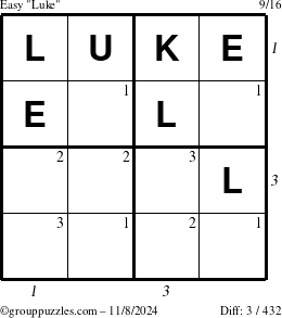 The grouppuzzles.com Easy Luke puzzle for Friday November 8, 2024 with all 3 steps marked