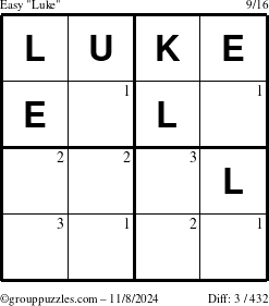 The grouppuzzles.com Easy Luke puzzle for Friday November 8, 2024 with the first 3 steps marked