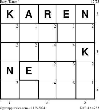 The grouppuzzles.com Easy Karen puzzle for Friday November 8, 2024 with all 4 steps marked