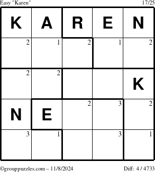 The grouppuzzles.com Easy Karen puzzle for Friday November 8, 2024 with the first 3 steps marked