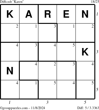 The grouppuzzles.com Difficult Karen puzzle for Friday November 8, 2024 with all 5 steps marked