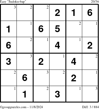 The grouppuzzles.com Easy Sudoku-6up puzzle for Friday November 8, 2024 with the first 3 steps marked