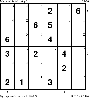 The grouppuzzles.com Medium Sudoku-6up puzzle for Friday November 8, 2024 with all 5 steps marked