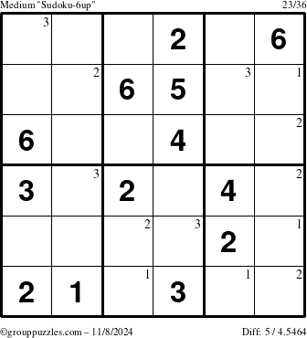 The grouppuzzles.com Medium Sudoku-6up puzzle for Friday November 8, 2024 with the first 3 steps marked