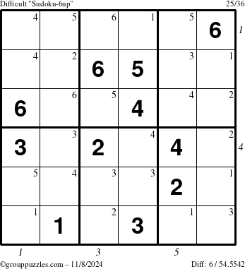 The grouppuzzles.com Difficult Sudoku-6up puzzle for Friday November 8, 2024 with all 6 steps marked