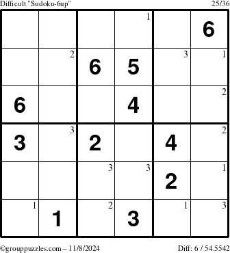 The grouppuzzles.com Difficult Sudoku-6up puzzle for Friday November 8, 2024 with the first 3 steps marked