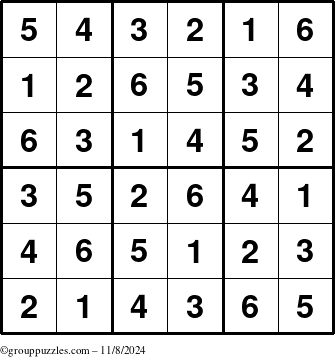 The grouppuzzles.com Answer grid for the Sudoku-6up puzzle for Friday November 8, 2024