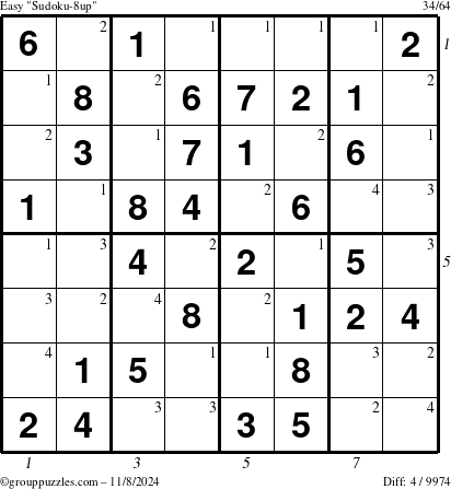 The grouppuzzles.com Easy Sudoku-8up puzzle for Friday November 8, 2024, suitable for printing, with all 4 steps marked