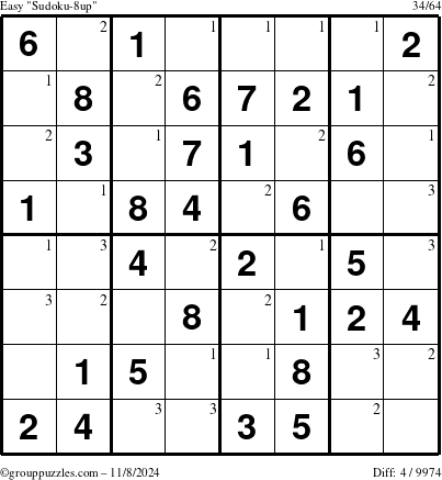 The grouppuzzles.com Easy Sudoku-8up puzzle for Friday November 8, 2024 with the first 3 steps marked