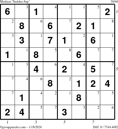 The grouppuzzles.com Medium Sudoku-8up puzzle for Friday November 8, 2024 with all 8 steps marked