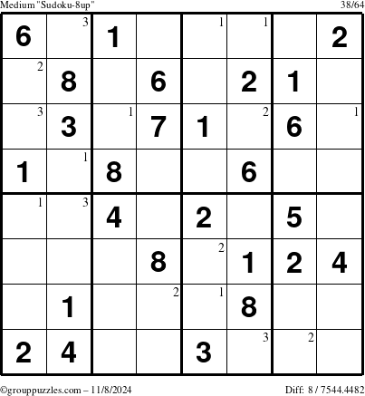 The grouppuzzles.com Medium Sudoku-8up puzzle for Friday November 8, 2024 with the first 3 steps marked