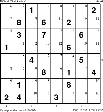 The grouppuzzles.com Difficult Sudoku-8up puzzle for Friday November 8, 2024 with all 12 steps marked