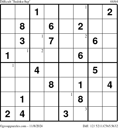 The grouppuzzles.com Difficult Sudoku-8up puzzle for Friday November 8, 2024 with the first 3 steps marked