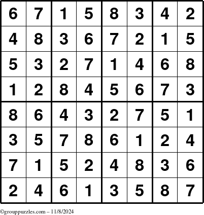 The grouppuzzles.com Answer grid for the Sudoku-8up puzzle for Friday November 8, 2024