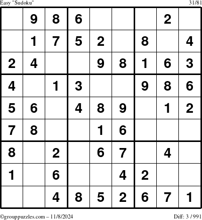 The grouppuzzles.com Easy Sudoku puzzle for Friday November 8, 2024