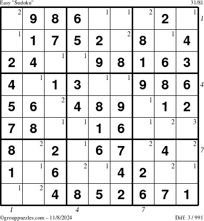 The grouppuzzles.com Easy Sudoku puzzle for Friday November 8, 2024 with all 3 steps marked