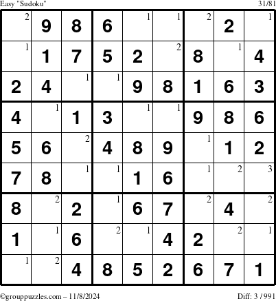 The grouppuzzles.com Easy Sudoku puzzle for Friday November 8, 2024 with the first 3 steps marked