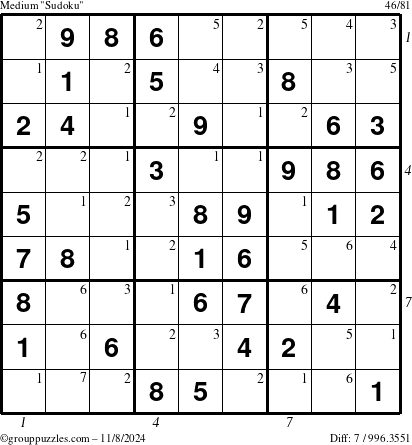 The grouppuzzles.com Medium Sudoku puzzle for Friday November 8, 2024, suitable for printing, with all 7 steps marked