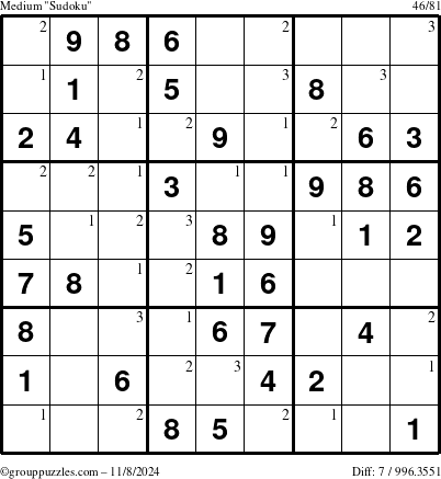 The grouppuzzles.com Medium Sudoku puzzle for Friday November 8, 2024 with the first 3 steps marked