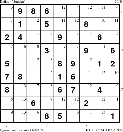 The grouppuzzles.com Difficult Sudoku puzzle for Friday November 8, 2024 with all 13 steps marked