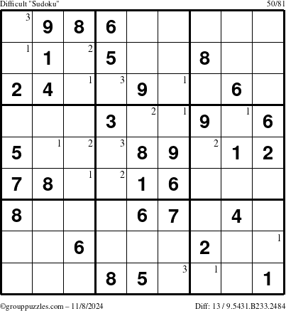 The grouppuzzles.com Difficult Sudoku puzzle for Friday November 8, 2024 with the first 3 steps marked