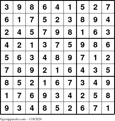 The grouppuzzles.com Answer grid for the Sudoku puzzle for Friday November 8, 2024