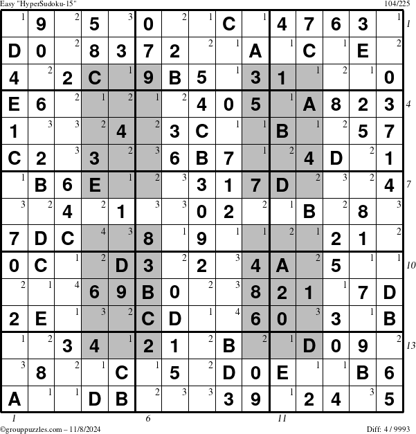 The grouppuzzles.com Easy HyperSudoku-15 puzzle for Friday November 8, 2024, suitable for printing, with all 4 steps marked