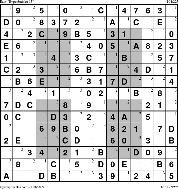 The grouppuzzles.com Easy HyperSudoku-15 puzzle for Friday November 8, 2024 with the first 3 steps marked