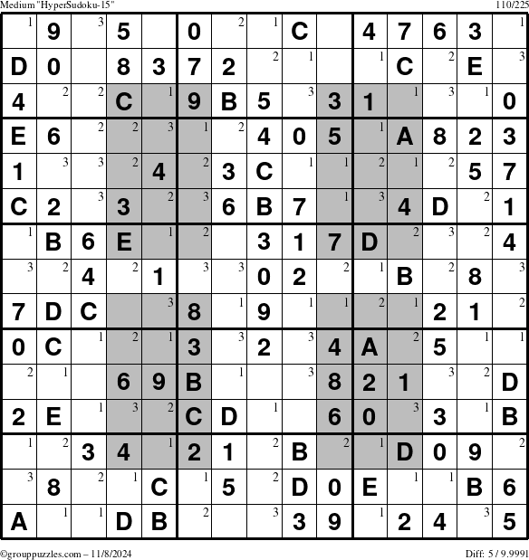 The grouppuzzles.com Medium HyperSudoku-15 puzzle for Friday November 8, 2024 with the first 3 steps marked