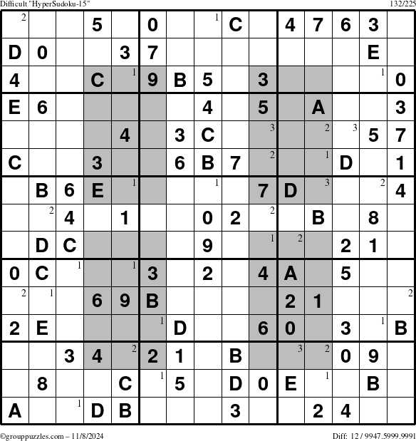 The grouppuzzles.com Difficult HyperSudoku-15 puzzle for Friday November 8, 2024 with the first 3 steps marked