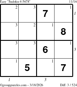 The grouppuzzles.com Easy Sudoku-4-5678 puzzle for Wednesday March 18, 2026, suitable for printing, with all 3 steps marked