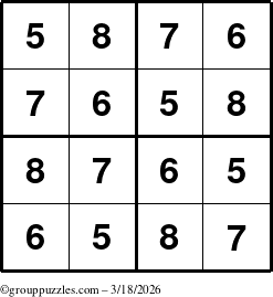 The grouppuzzles.com Answer grid for the Sudoku-4-5678 puzzle for Wednesday March 18, 2026