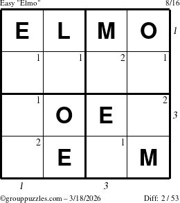 The grouppuzzles.com Easy Elmo puzzle for Wednesday March 18, 2026, suitable for printing, with all 2 steps marked
