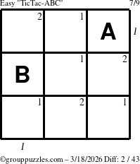 The grouppuzzles.com Easy TicTac-ABC puzzle for Wednesday March 18, 2026 with all 2 steps marked