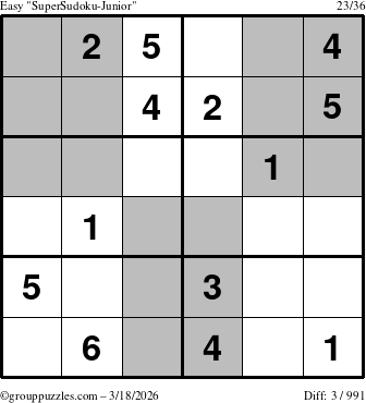 The grouppuzzles.com Easy SuperSudoku-Junior puzzle for Wednesday March 18, 2026
