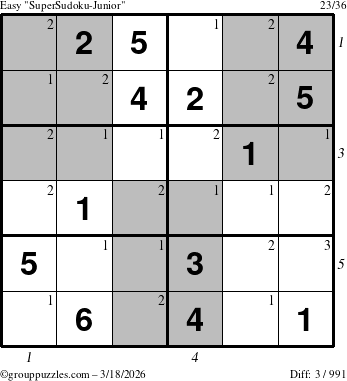 The grouppuzzles.com Easy SuperSudoku-Junior puzzle for Wednesday March 18, 2026, suitable for printing, with all 3 steps marked
