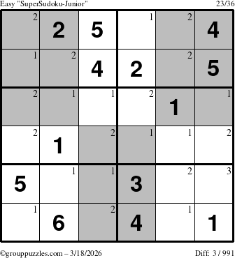 The grouppuzzles.com Easy SuperSudoku-Junior puzzle for Wednesday March 18, 2026 with the first 3 steps marked