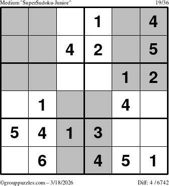 The grouppuzzles.com Medium SuperSudoku-Junior puzzle for Wednesday March 18, 2026