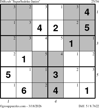 The grouppuzzles.com Difficult SuperSudoku-Junior puzzle for Wednesday March 18, 2026, suitable for printing, with all 5 steps marked